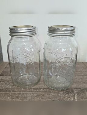 Vintage Set of 2 Genuine Ball Mason Jar 62A Sculptured Glass With Fruit Design 2